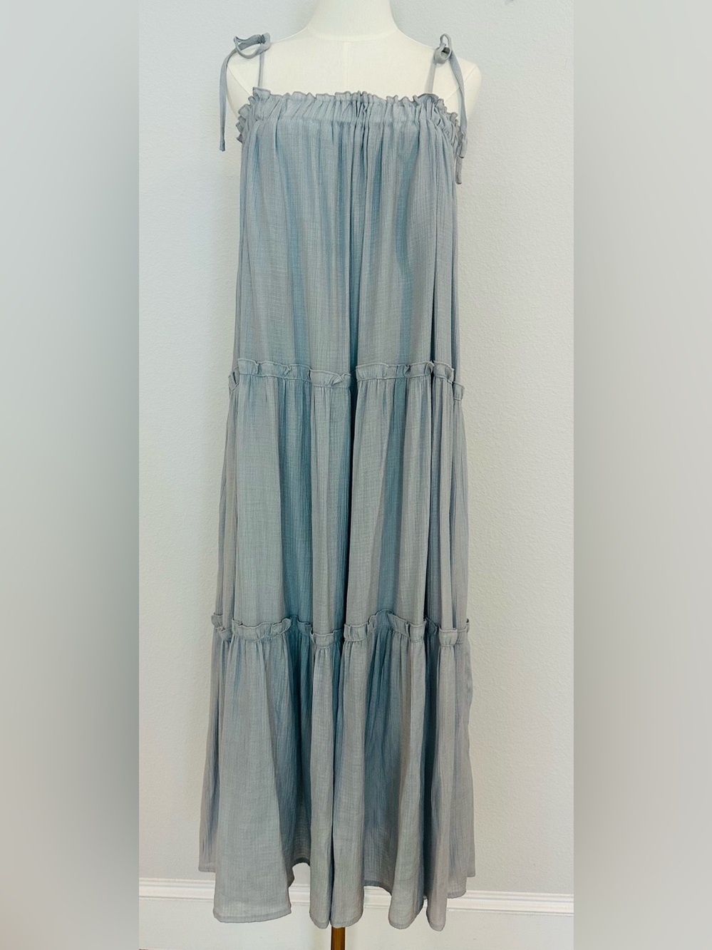 &merci Light Blue Tiered Maxi Dress with Tie Straps
